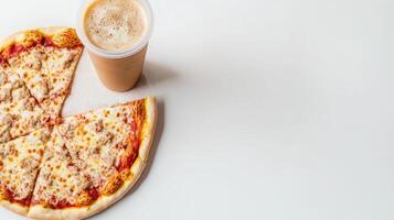 Delicious Cheese Pizza and Iced Coffee on a White Background - Perfect Lunch Break Meal photo