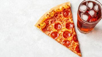 Delicious Pepperoni Pizza Slice with Refreshing Iced Drink on White Background - Perfect for Lunch Breaks photo