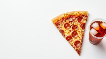 Pepperoni Pizza Slice and Iced Drink on White Background - Perfect for Lunch Breaks and Casual Dining Concepts photo