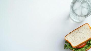 Fresh Sandwich and Glass of Water on White Background - Perfect for Lunch Break Concept photo