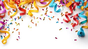 Colorful Party Streamers and Confetti on White Background - Festive Celebration Decoration photo