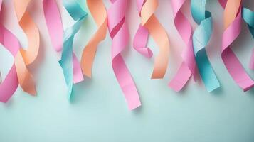 Colorful Party Streamers Hanging Against a Light Blue Background for Celebrations and Festive Occasions photo