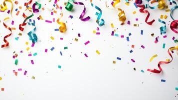 Colorful Party Streamers and Confetti on White Background Celebrating Festive Event or Special Occasion photo