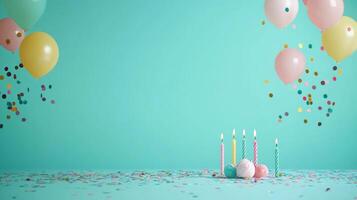 Colorful Party Celebration with Balloons, Confetti, and Birthday Candles on a Vibrant Teal Background photo