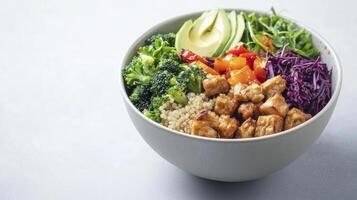 Healthy Dinner Concept with Fresh Vegetables, Quinoa, and Tofu in a Bowl on a Light Background photo