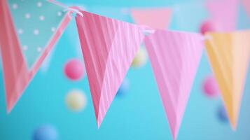 Colorful Party Bunting Flags with Blurred Balloons in the Background for Festive Celebrations and Events photo