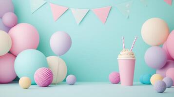 Colorful Party Decorations with Balloons, Banners, and a Cup with Straws on a Pastel Background photo
