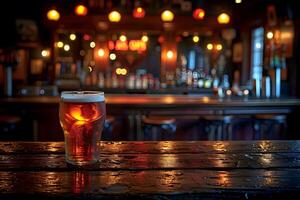 Cozy Pub Ambiance with a Pint of Amber Beer on a Rustic Bar Counter photo