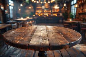 Cozy Rustic Cafe Ambience with Wooden Table and Warm Lighting for Interior Design and Hospitality photo