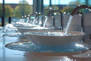 Contemporary Design of Modern Circular Sinks with Flowing Water in Sunlit Bathroom Setting photo