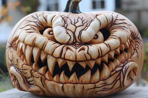 Intricately Carved Pumpkin with Fierce Expression for Halloween Decor photo
