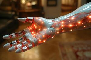 Futuristic Robotic Arm with Glowing Circuitry for Technological Innovation Concepts photo