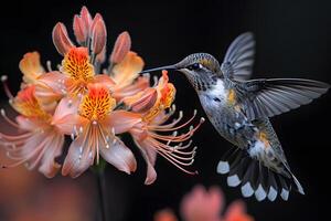 Hummingbird in Mid-Flight with Vibrant Lilies in a Natural Setting photo