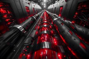 High-Tech Data Center Infrastructure with Futuristic Red LED Lights photo