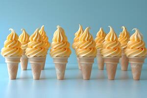 Rows of Swirled Vanilla Soft Serve Ice Cream Cones on Blue Background for Summer Design photo