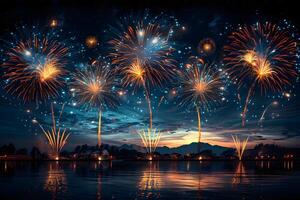 Spectacular Fireworks Display Over Tranquil Water and Mountainous Horizon photo