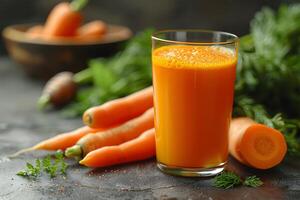 Freshly Squeezed Carrot Juice with Whole Carrots and Leaves on Rustic Table photo