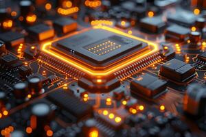 Futuristic Circuit Board with Glowing Microchip for Technology Design photo