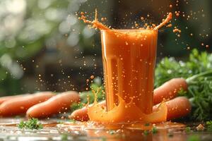 Refreshing Carrot Juice Splash with Fresh Carrots and Greenery for Healthy Living Concepts photo
