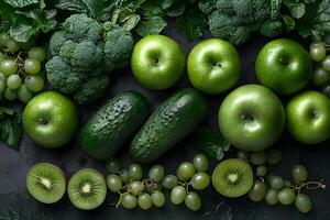 Green Fruits and Vegetables Fresh Kiwi, Apples, Broccoli, Grapes, and Cucumbers for Healthy Eating and Detox photo