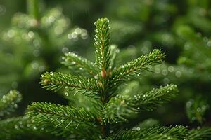 Evergreen Foliage with Dewdrops in Serene Natural Setting photo