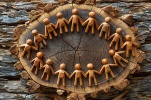 Unity and Community Wooden Figures Hand in Hand on Rustic Wood Background photo