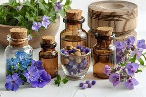 Aromatherapy Essentials with Blooming Flowers and Natural Oils for Relaxation and Wellness photo