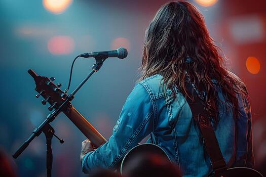En Vivo música actuación por guitarrista en mezclilla chaqueta debajo etapa luces foto