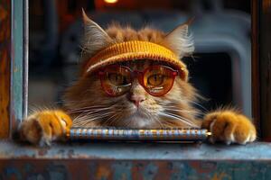 Cool Cat in Glasses and Visor Relaxing by the Window in Vintage Style photo