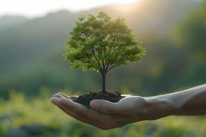 Sustainable Growth Hand Nurturing a Tree for Environmental Conservation photo