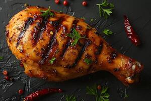 Grilled Chicken Drumstick with Fresh Herbs and Spices for Culinary Presentation photo