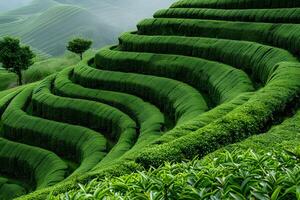 Verdant Terraced Tea Fields in Misty Landscape for Nature and Agriculture Design photo