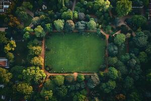 Aerial View of a Lush Green Park Surrounded by Trees in an Urban Setting photo