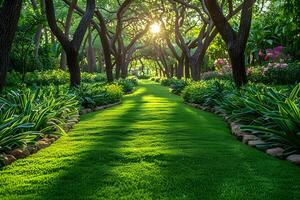 Serene Nature Path with Lush Greenery and Sunlit Trees in a Peaceful Garden Setting photo