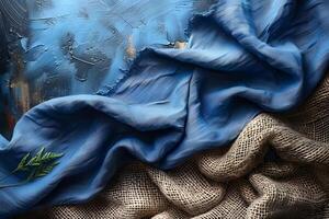 Elegant Blue Fabric with Fern Leaf on Rustic Burlap Textile Background photo