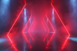 Futuristic Neon Triangle Corridor with Fog and Reflections for Design Aesthetic Concepts photo