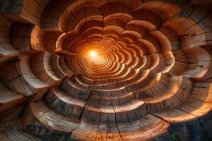 Abstract Wooden Tunnel Design with Warm Glowing Light for Artistic Inspiration photo