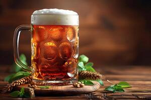 Refreshing Mug of Craft Beer with Foam and Hops on Rustic Wooden Table photo