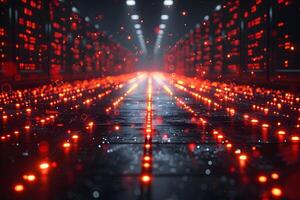 Futuristic Data Center with Glowing Red Lights and Circuit Pattern photo