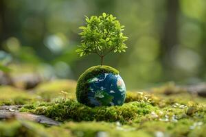 Sustainable Earth Concept with Tree Growing on Mossy Globe in Forest Environment photo