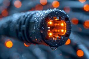 Night Vision of Wet Ethernet Cable Illuminated by Orange Bokeh for Tech Themes photo