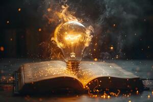 Illuminated Light Bulb on Open Book with Glowing Sparks Symbolizing Innovative Ideas and Knowledge photo