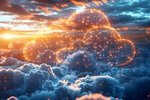 Futuristic Digital Cloud with Glowing Network in Majestic Sunset Sky photo