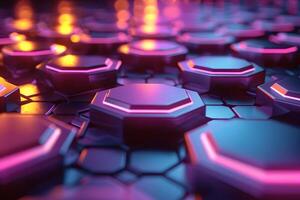 Futuristic Hexagonal Technology Background with Neon Lights for Creative Design photo
