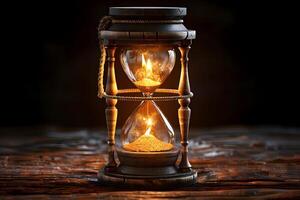 Timeless Classic Hourglass with Flickering Flame on Wooden Table photo