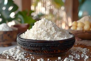 Traditional Garri Display in Rustic Setting for Culinary and Cultural Themes photo