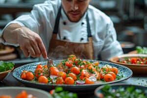 Culinary Art Chef Garnishing Fresh Tomato Salad in a Professional Kitchen Setting photo