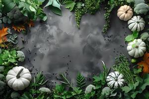 Autumn Harvest and Greenery Frame in Rustic Setting for Seasonal Decor photo