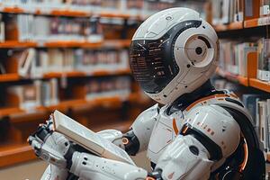 Futuristic Robot Reading in Library - Artificial Intelligence and Education Concept photo