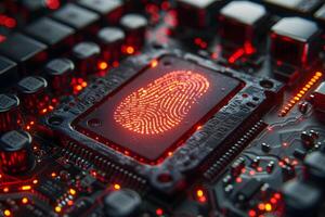 Futuristic Fingerprint Technology on Circuit Board with Red LED Lighting for Security Applications photo